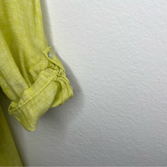 Tahari Lime Green 100% Linen Roll Tab Sleeve Tunic Size 1X V Neck Beach Boho - Picture 5 of 6
